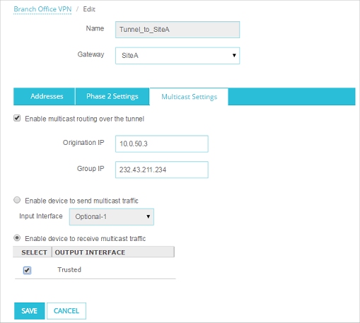 Screen shot of the Tunnel settings page, Multicast tab - Site B