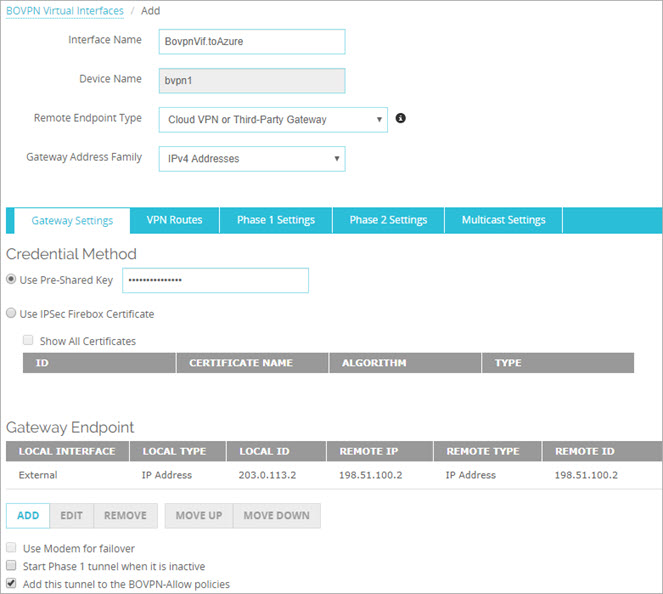 Screen shot of new BOVPN virtual interface to Azure