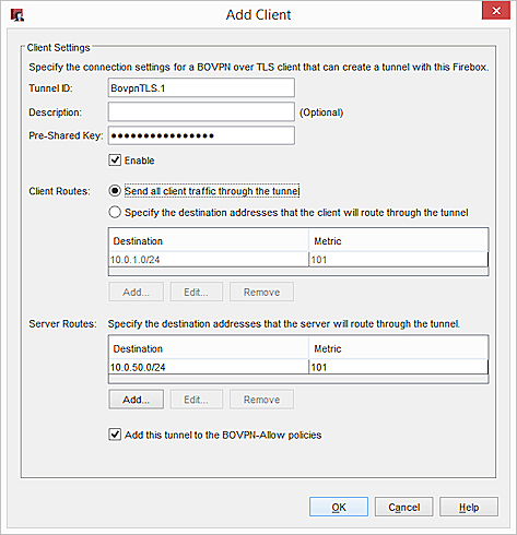 Screen shot of the Add Client dialog box with the first Client Routes option