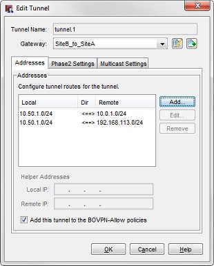 Screen shot of the Edit Tunnel dialog box with the new tunnel route added