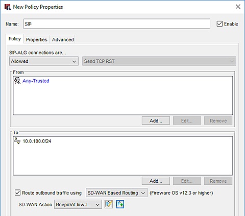 Screen shot of the SIP policy for Site A