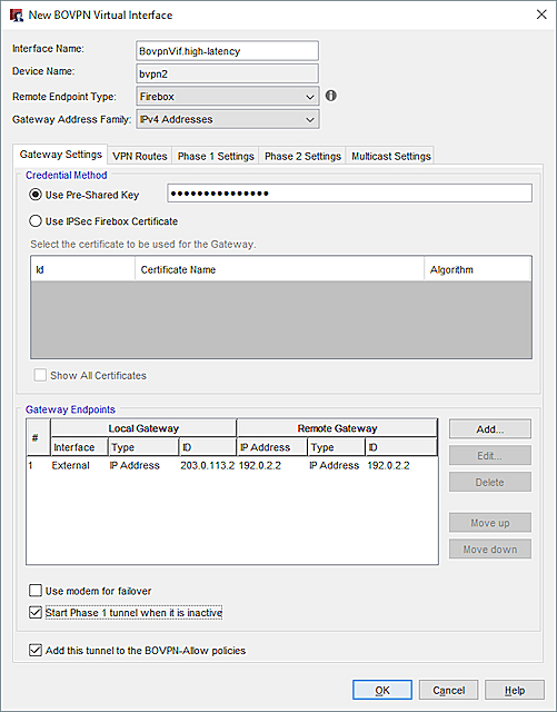 Screen shot of the Site A BOVPN virtual interface for the high latency connection
