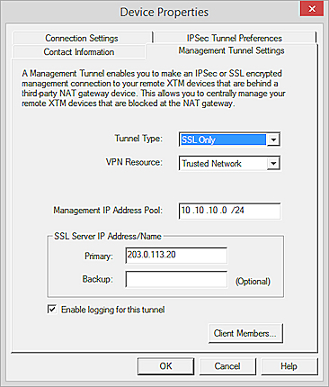 screen shot of the completed Management Tunnel Settings tab