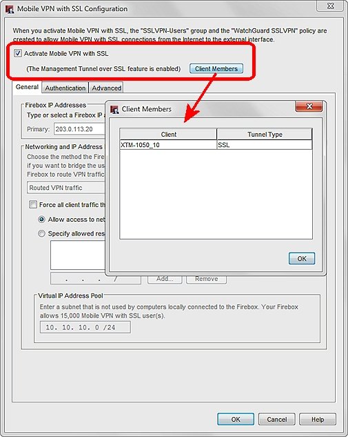 Screen shot of the Mobile VPN with SSL Configuration dialog box and Client Members dialog box for a hub device