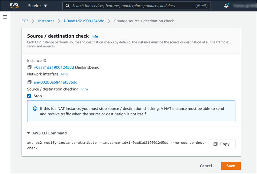 Screen shot of the Enable Source/Destination Check dialog box