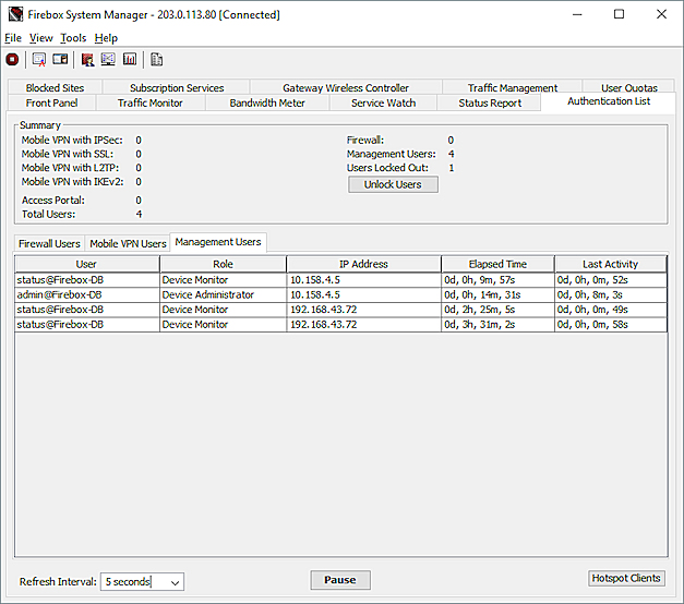 Screen shot of the Management Users tab