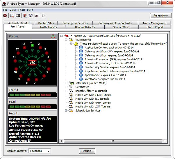 Screen shot of the FSM Front Panel with expired services and the Renew Now button