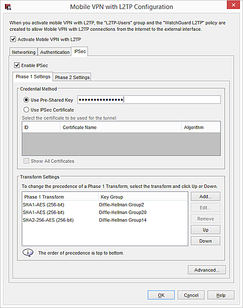 Screen shot of the Mobile VPN with L2TP Configuration dialog box, IPSec Phase1 settings