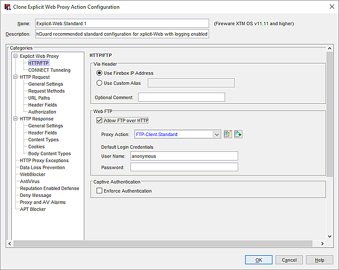 Screen shot of the Clone Explicit Proxy Action Configuration dialog box, HTTP/FTP category settings