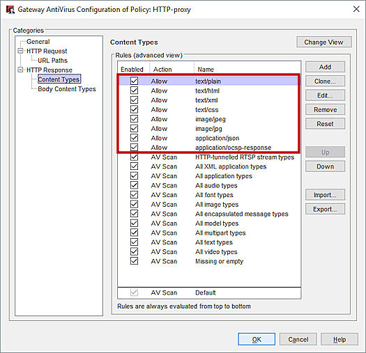 Screenshot of Content Type rules.