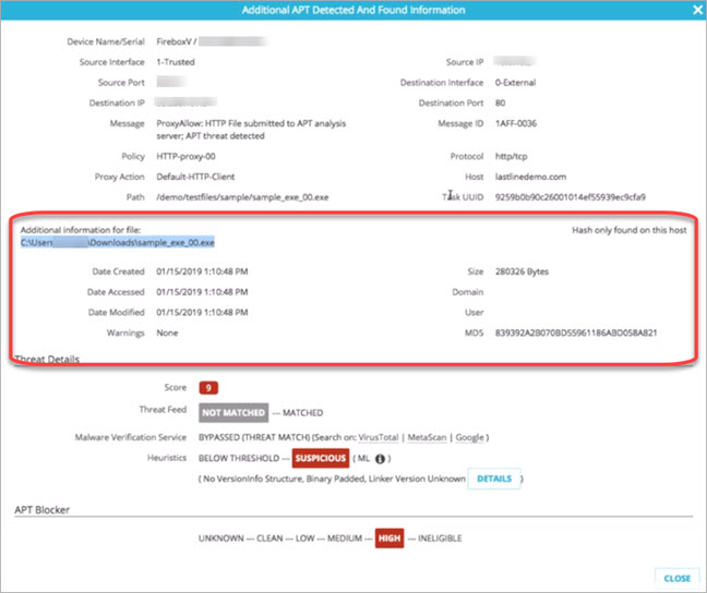 Screenshot of APT Detected and Found Information