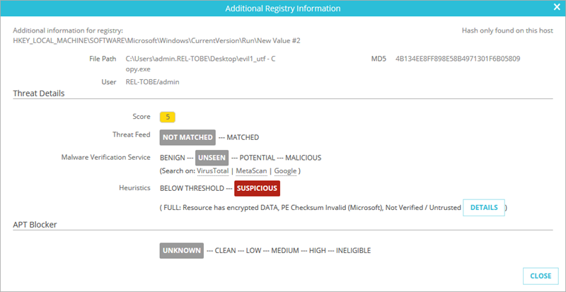 Screen shot of the Additional Information dialog box for an indicator with Sandbox Analysis status