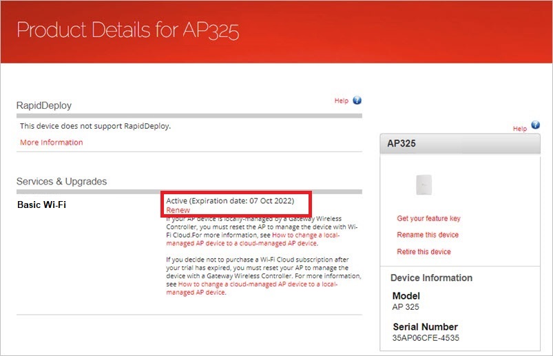 Screen shot of the AP details in the WatchGuard Products account page