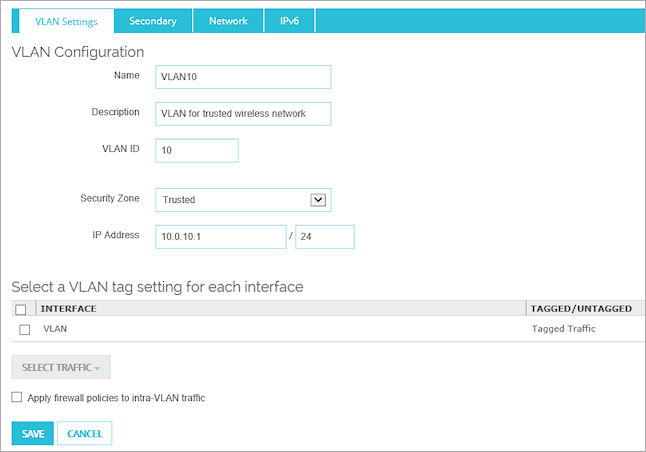 Screen shot of the VLAN Configuration page for VLAN10