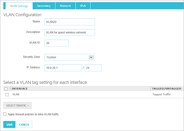 Screen shot of the VLAN Configuration page for VLAN20