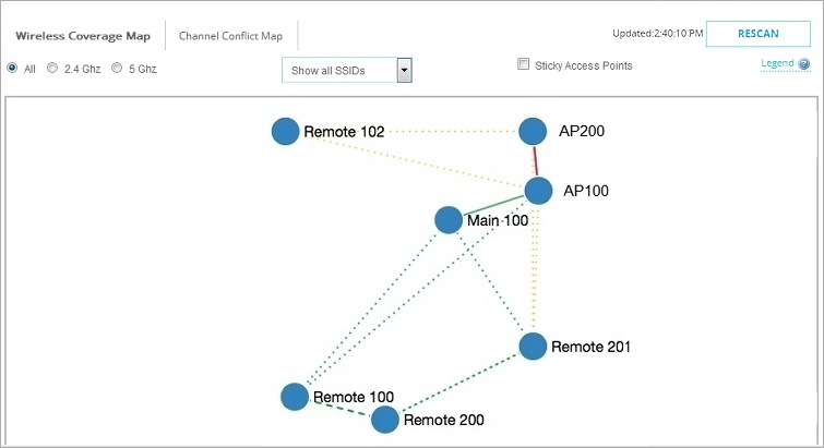 Screen shot of the Wireless Maps tab with Wireless Coverage Map selected with weak signals between some AP devices