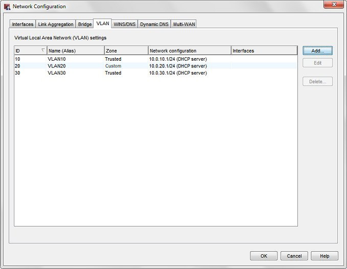 Screen shot of the Network Configuration > VLAN tab with three VLANs configured