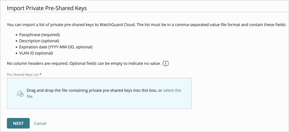 Screenshot of the Import Private Pre-Shared Keys page =