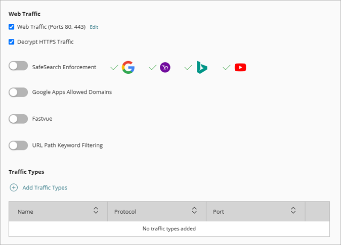 Screenshot of the Web Traffic and Traffic Types section in an outgoing policy