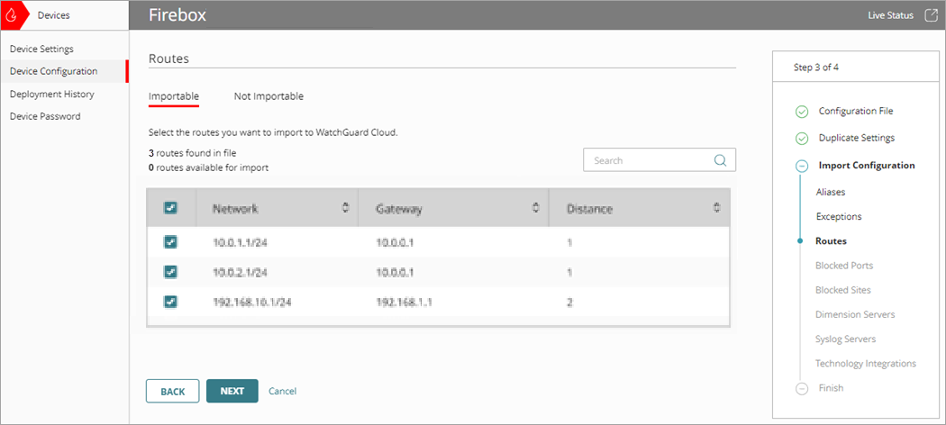 Screenshot of the Import Configuration wizard, Routes page