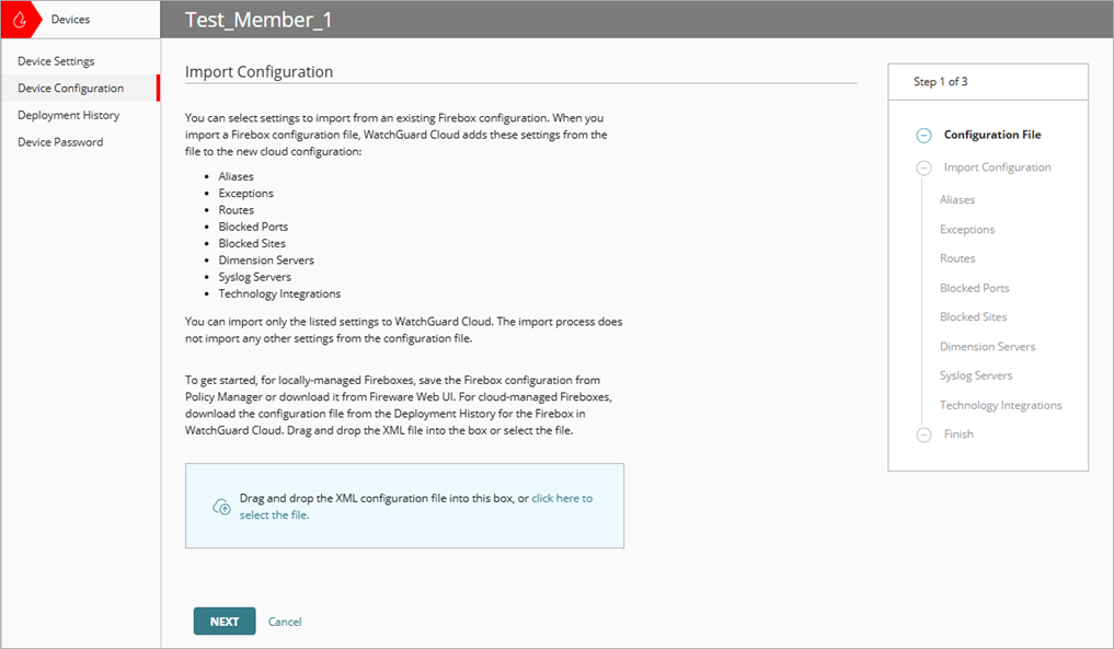 Screenshot of the Import Configuration wizard
