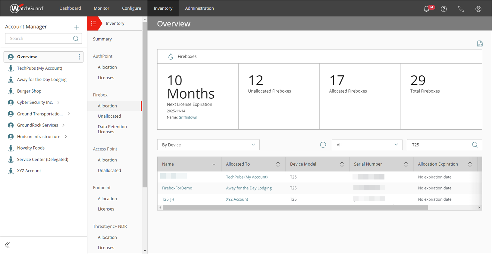 Screen shot of the allocation summary by device name