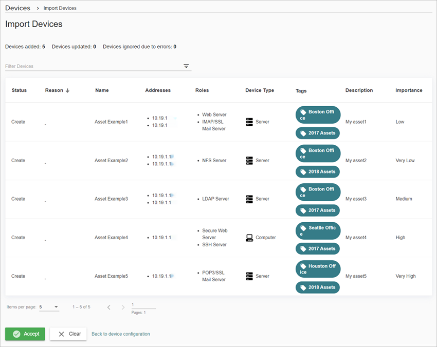Screenshot of the Import Devices list after you successfully import a device