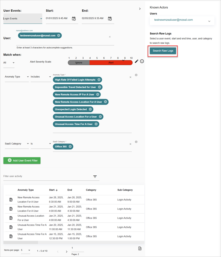 Screenshot of the Search Raw Logs link from the Policy Alert Details page for a user