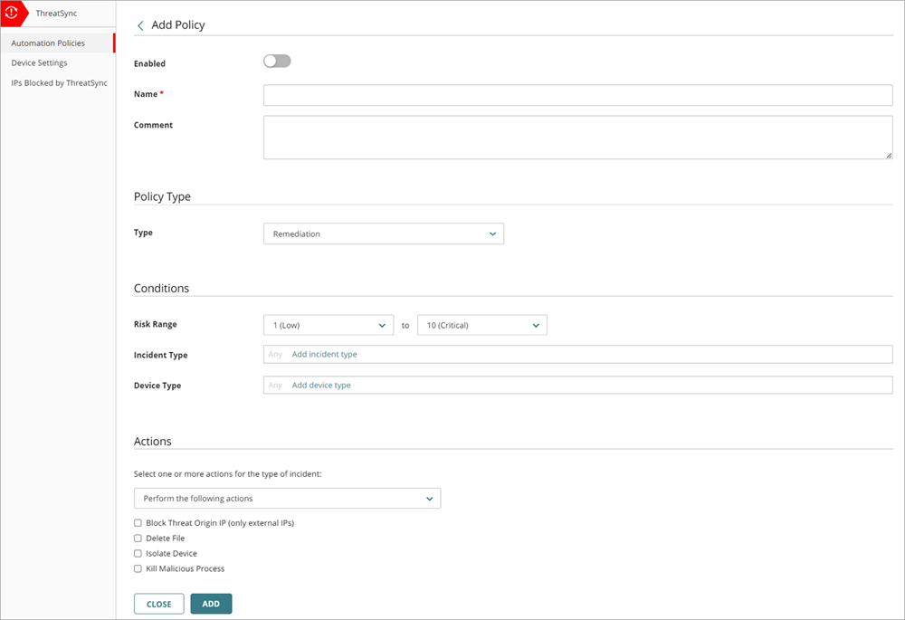 Screenshot of the ThreatSync Add Policy page in WatchGuard Cloud