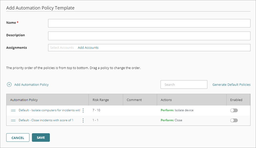Screenshot of the ThreatSync Add Automation Policy Template page for Service Providers