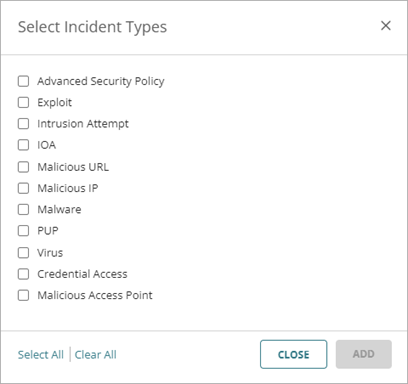 Screenshot of the Incident Types in the Add Automation Policy Wizard