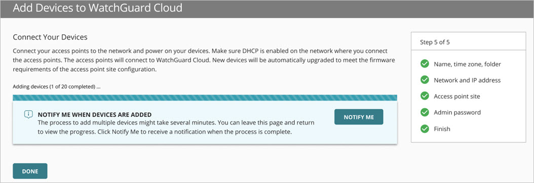 Screenshot of the Add Device Wizard for multiple access points - Adding devices page with notification button