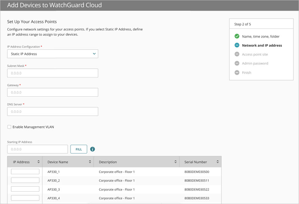 Screenshot of the Add Device Wizard for multiple access points - Static IP address confguration
