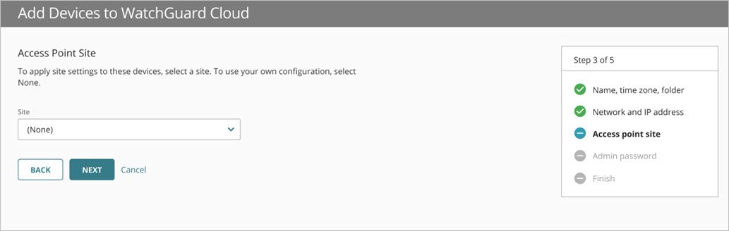 Screenshot of the Add Device Wizard for multiple access points - Access Point Site configuration