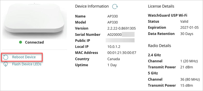 Screen shot of the device settings with Reboot Device highlighted