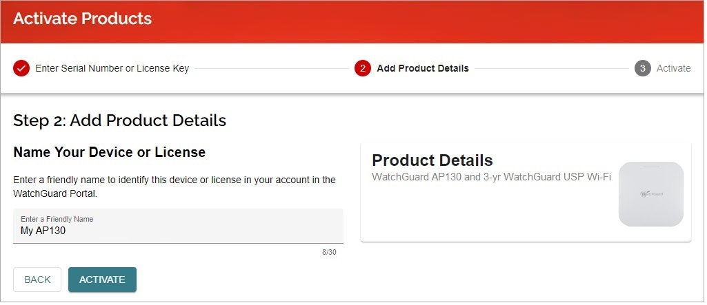 Screen shot of the license key activation page for access points