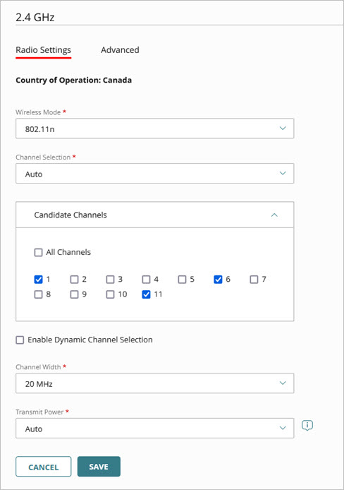 Screen shot of the 2.4GHz radio settings for an access point
