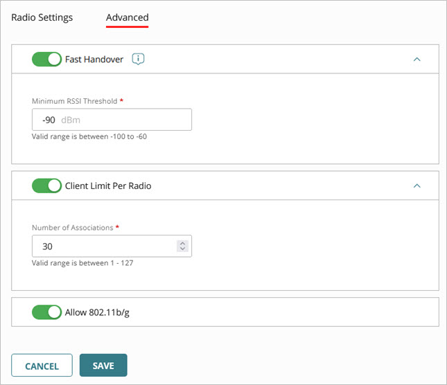 Screen shot of the advanced radio settings for an access point