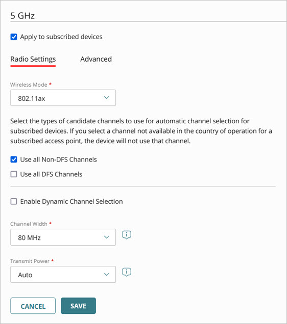 Screen shot of the 5GHz radio settings for an access point site