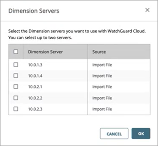 Screenshot of the Import Configuration wizard, Dimension Servers dialog box