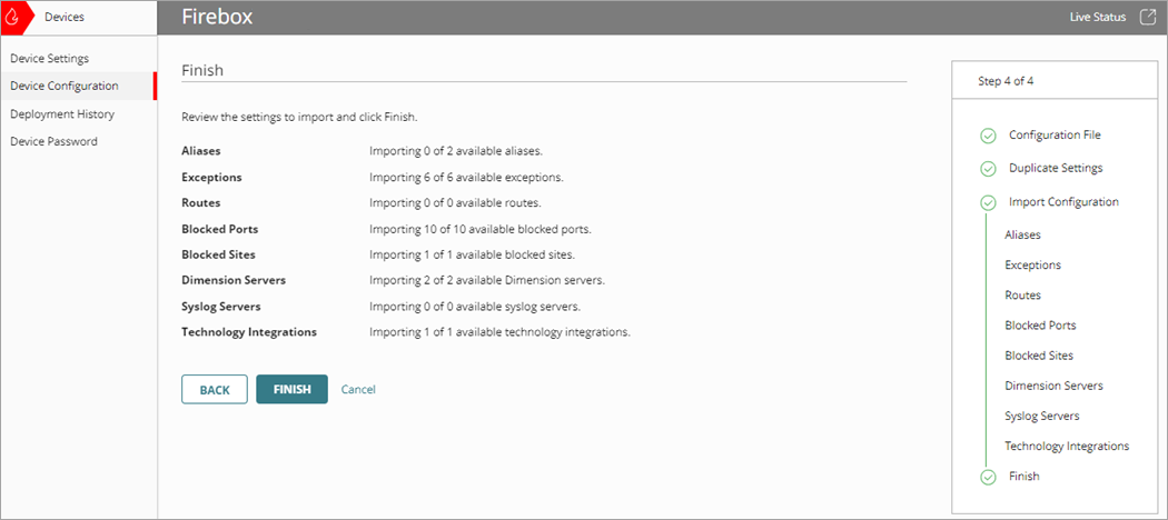 Screenshot of the Import Configuration wizard, Finish page
