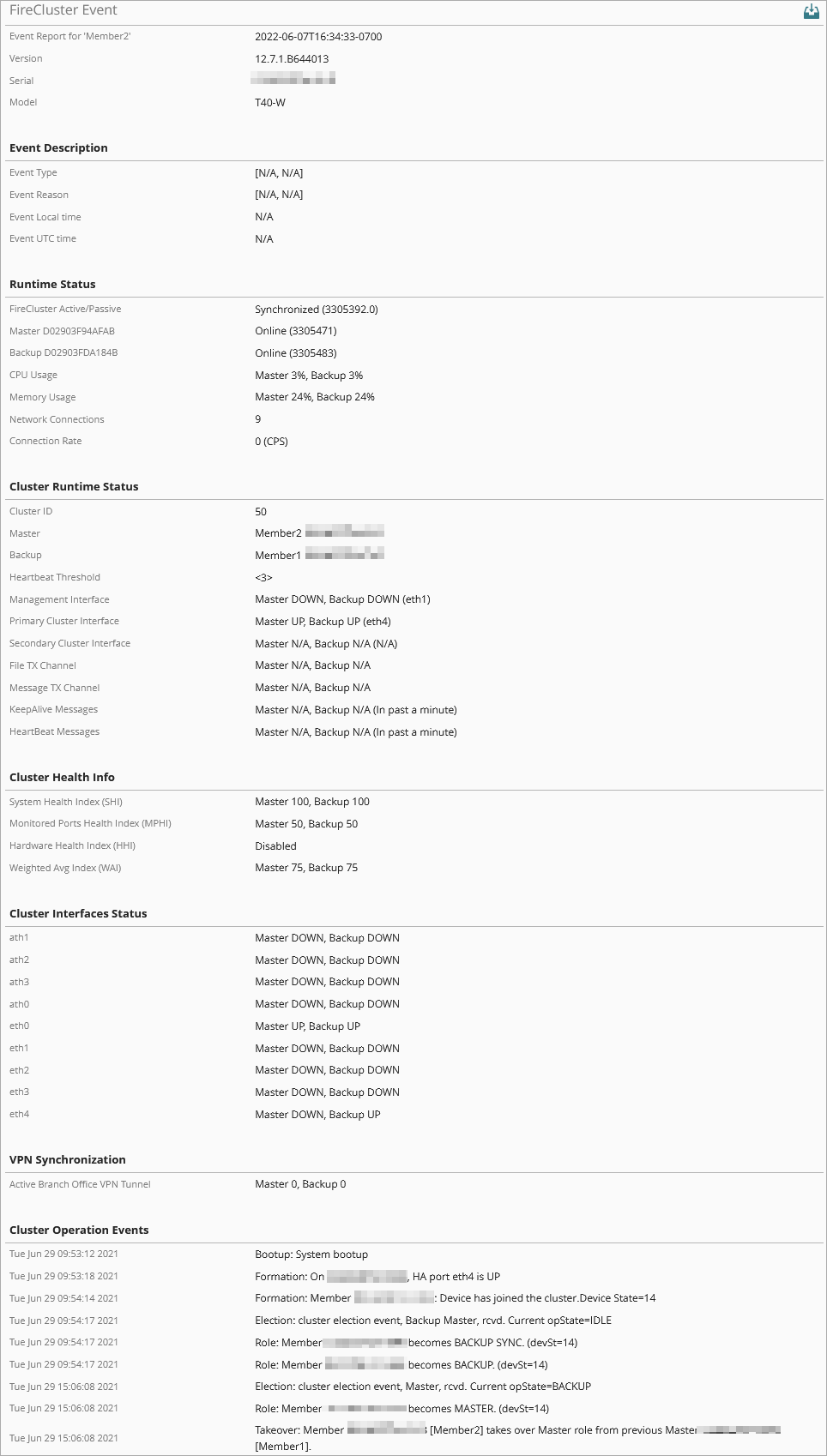 Screen shot of the FireCluster Event report