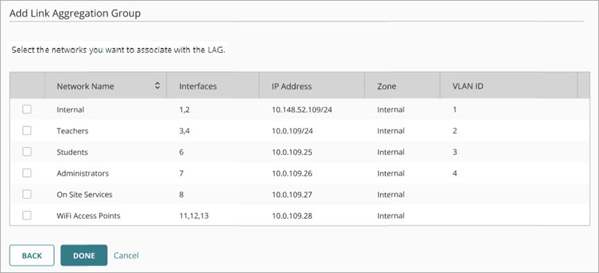 Screenshot of the add LAG networks UI