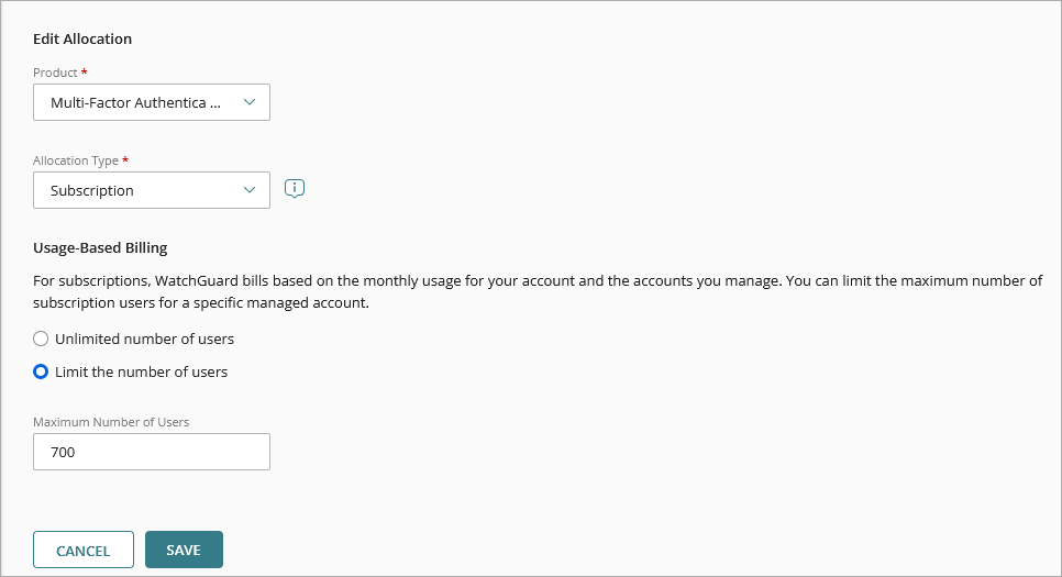 Screen shot of Edit Allocation page in WatchGuard Cloud