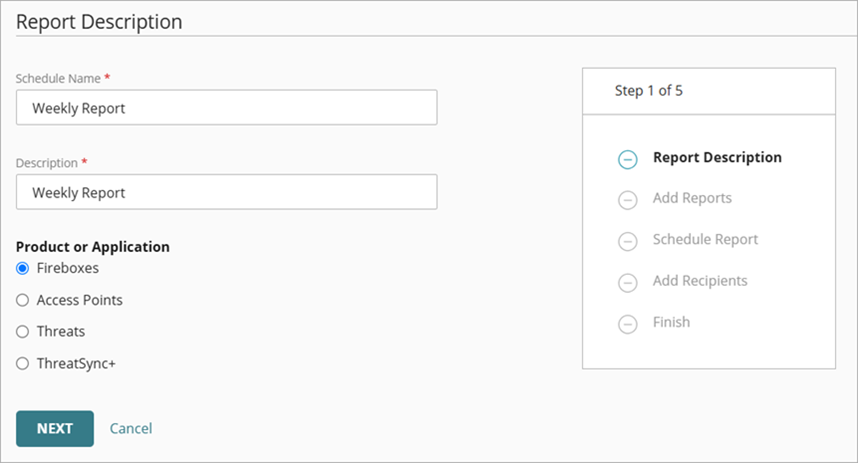 Asistente Create Schedule Wizard, paso Report Description (Descripción del Informe)