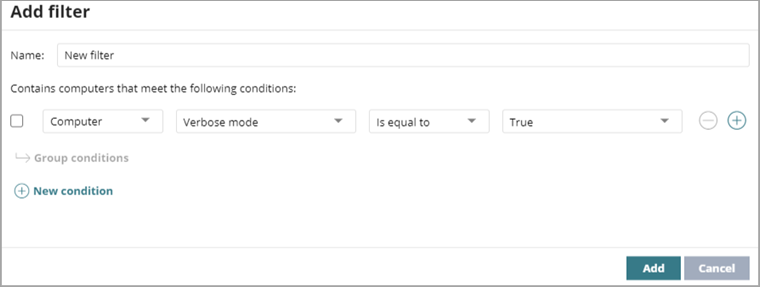 Screenshot of the screen to add a filter of Verbose mode