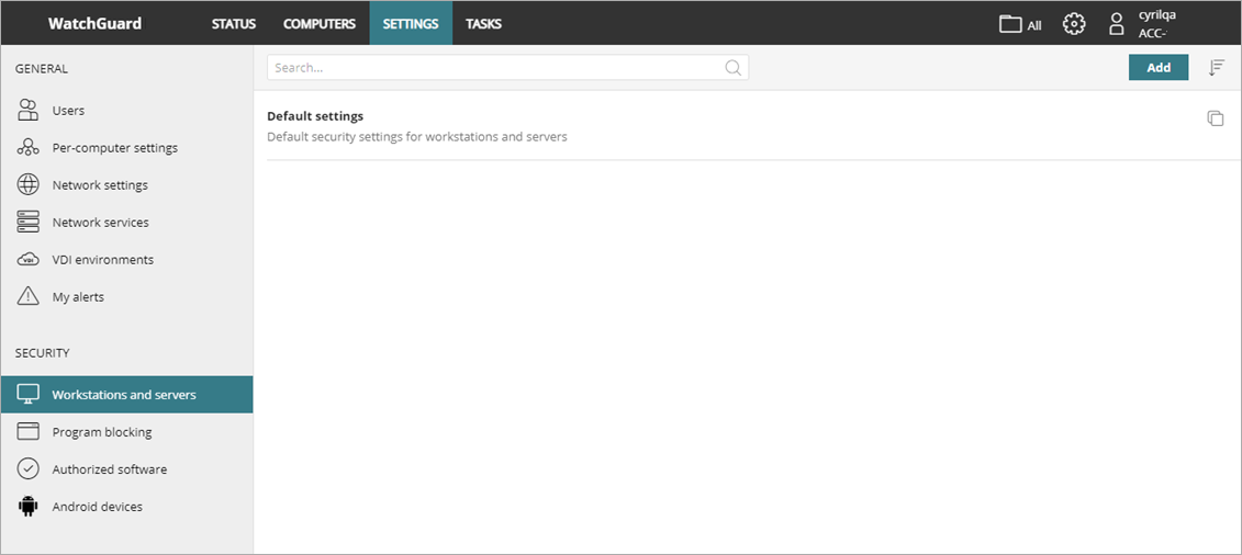Screen shot of WatchGuard Endpoint Security, Settings page