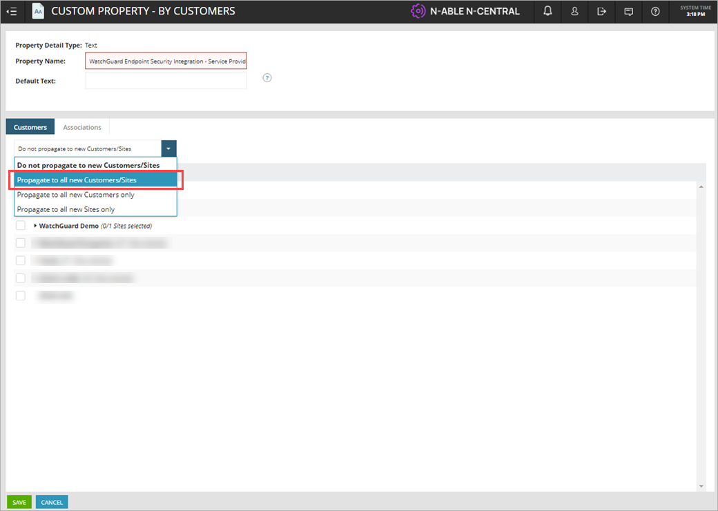Screen shot of N-Central, Custom Property - By Customers