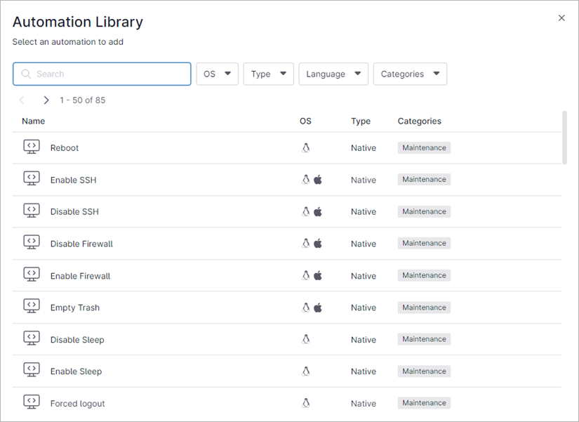 Screenshot of Automation Library in NinjaOne