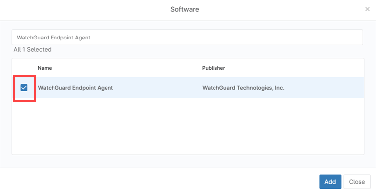 Screenshot of the Software dialog box with WatchGuard Endpoint Agent highlighted in NinjaOne